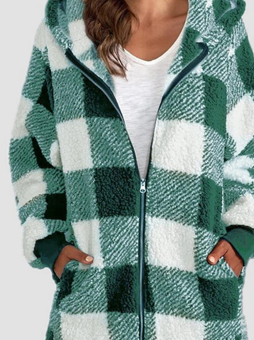 Plaid Zip Up Hooded Jacket with Pockets