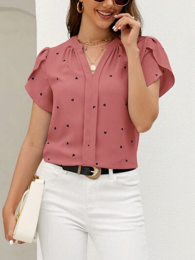 Heart Print Notched Petal Sleeve Blouse