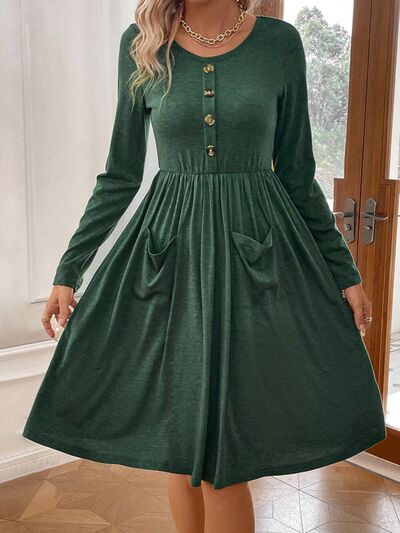 Decorative Button Pocketed Round Neck Dress