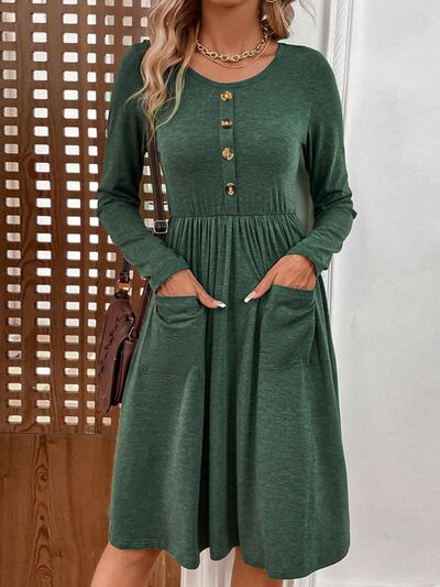 Decorative Button Pocketed Round Neck Dress